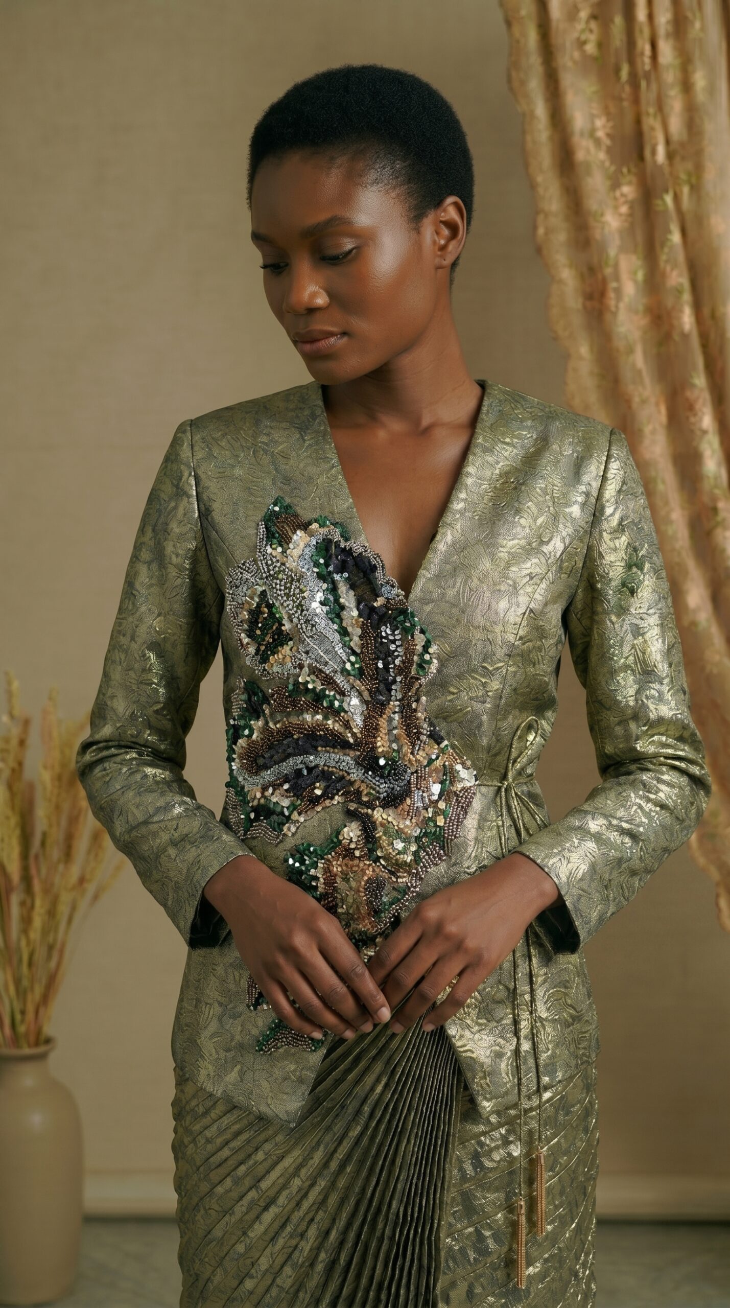 Olive Luxe Embroidered Jacket & Pleated Skirt Set - Image 3