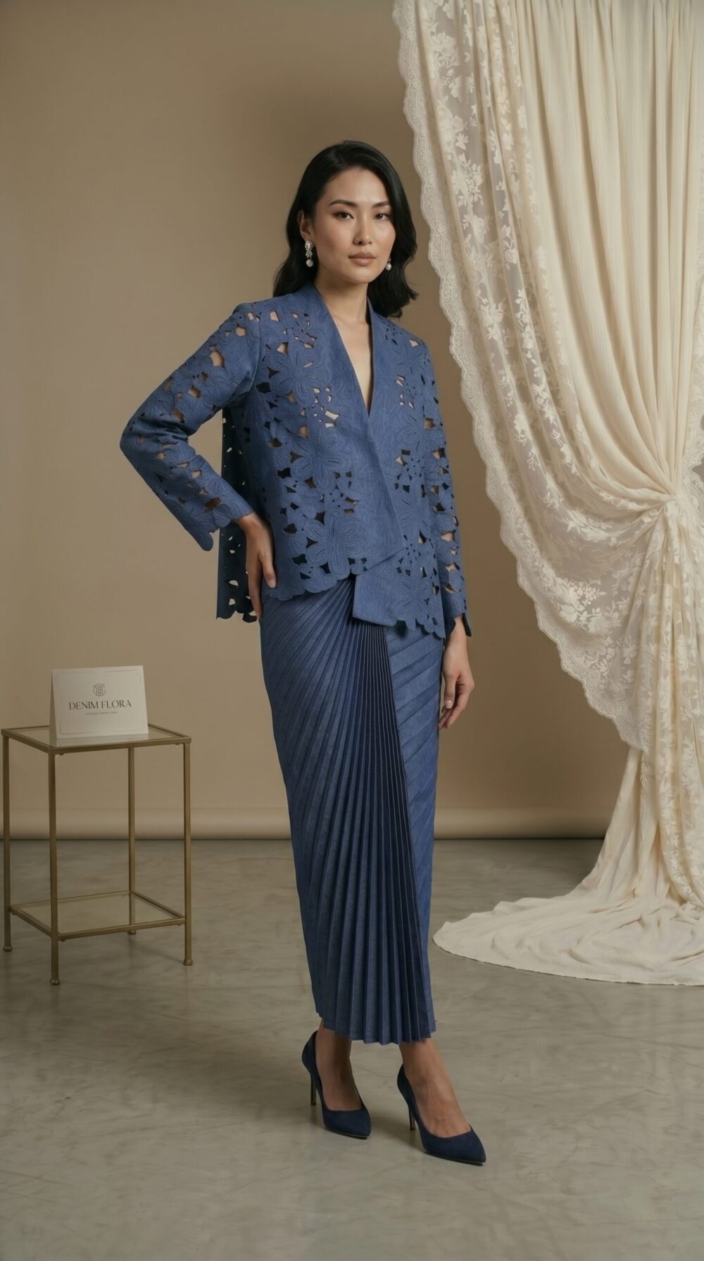 Indigo Bloom Cutwork Jacket & Pleated Skirt Set