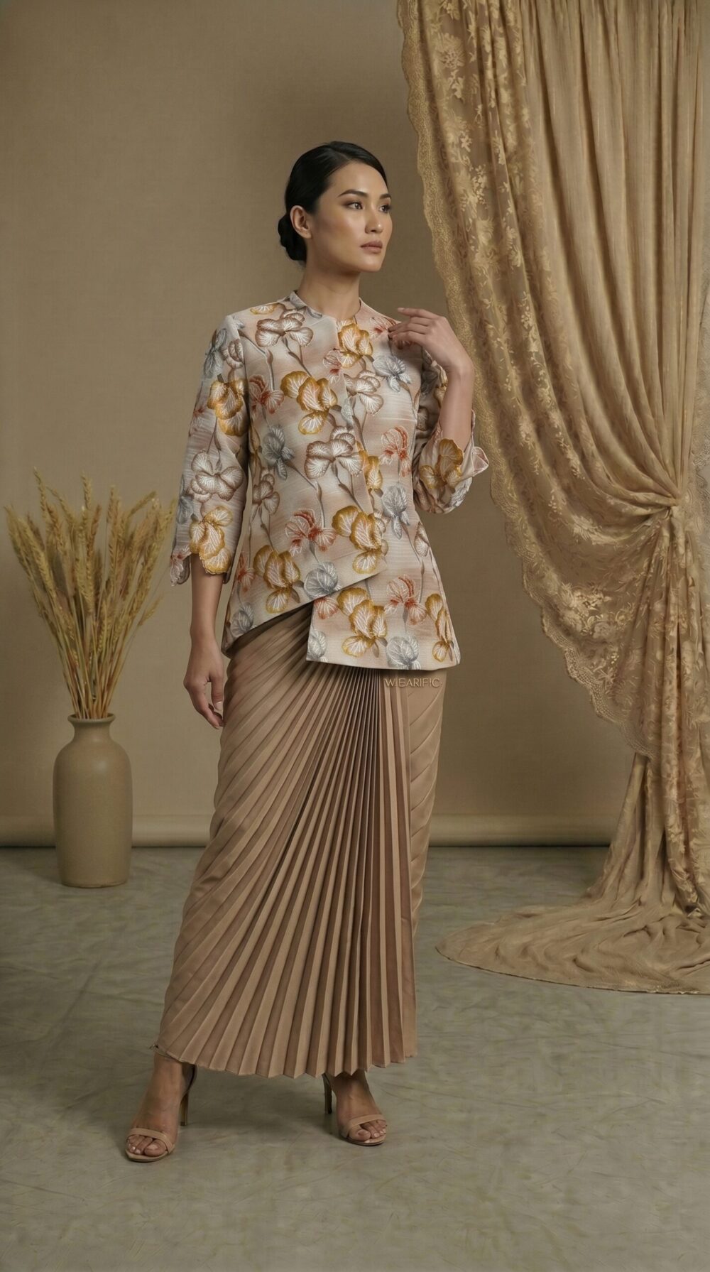 Soft Gold Blossom Pleated Look
