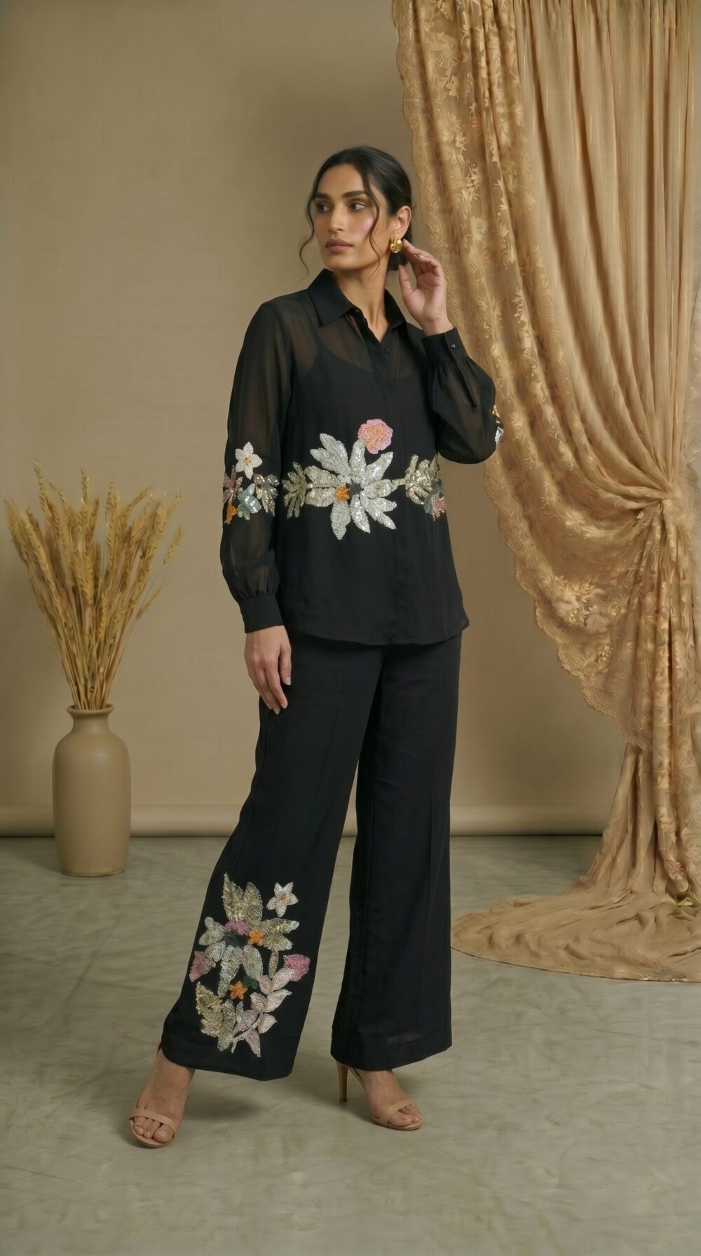 Noir Elegance Floral Embroidered Ensemble