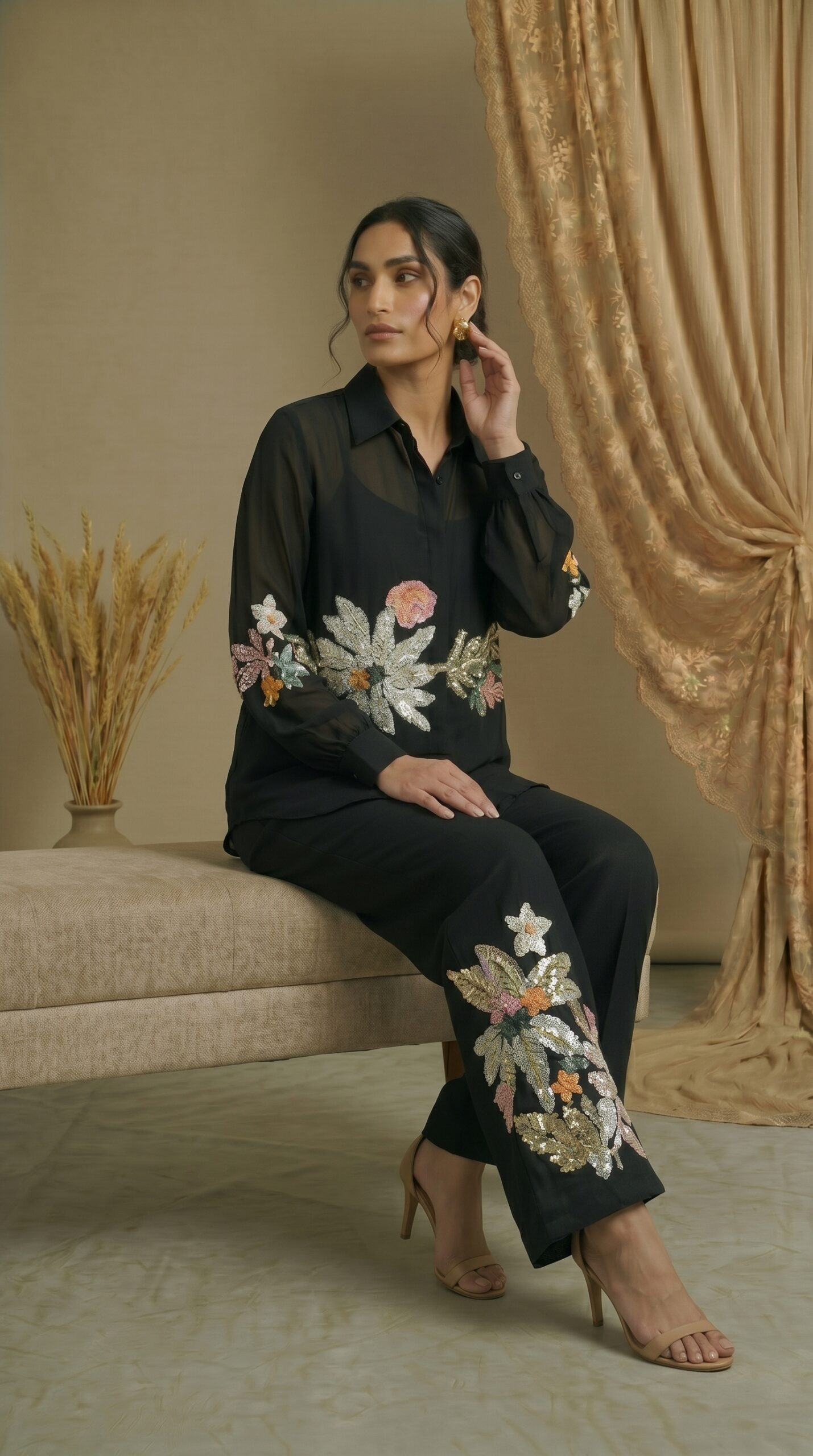 Noir Elegance Floral Embroidered Ensemble - Image 2