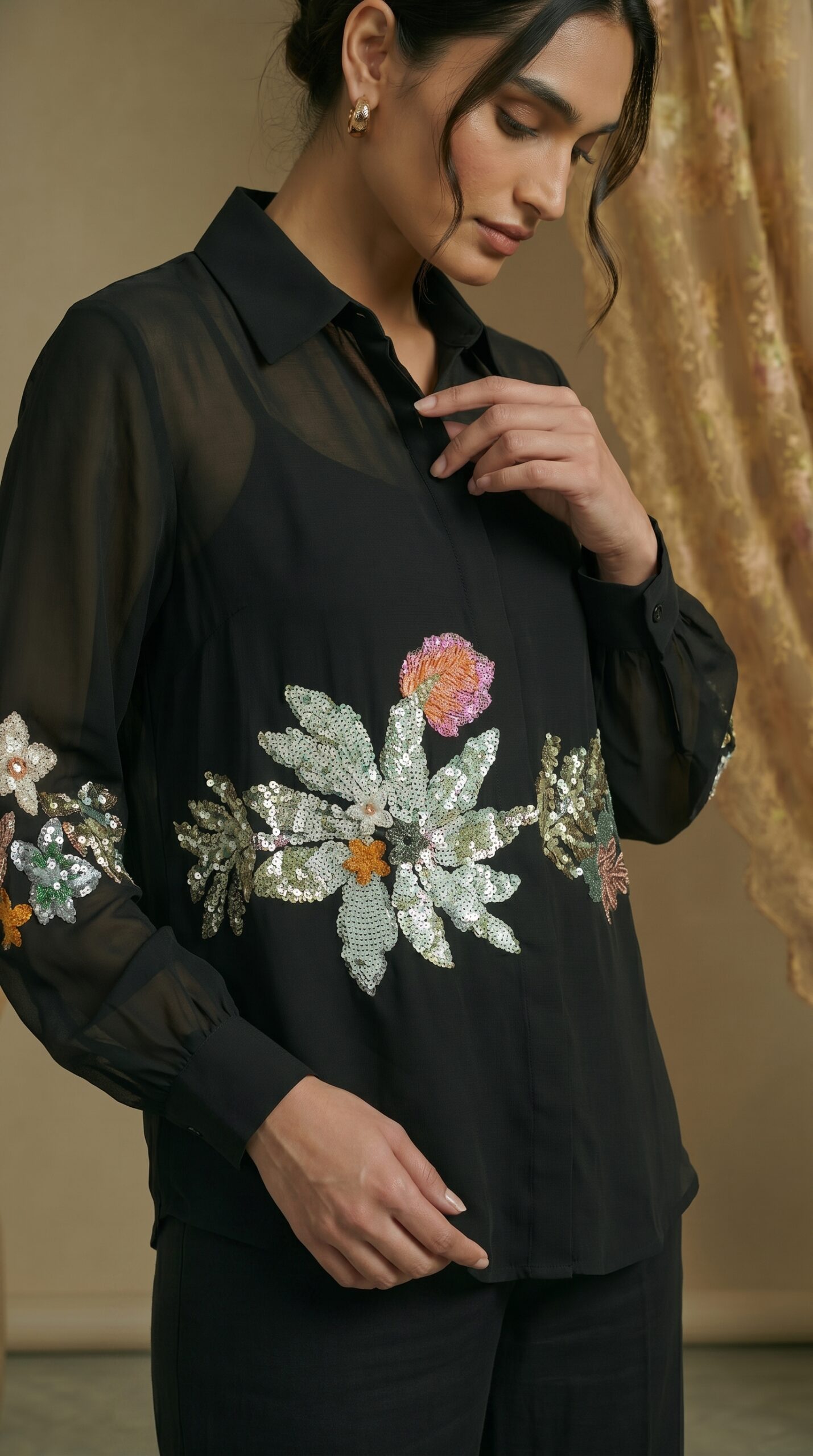 Noir Elegance Floral Embroidered Ensemble - Image 3