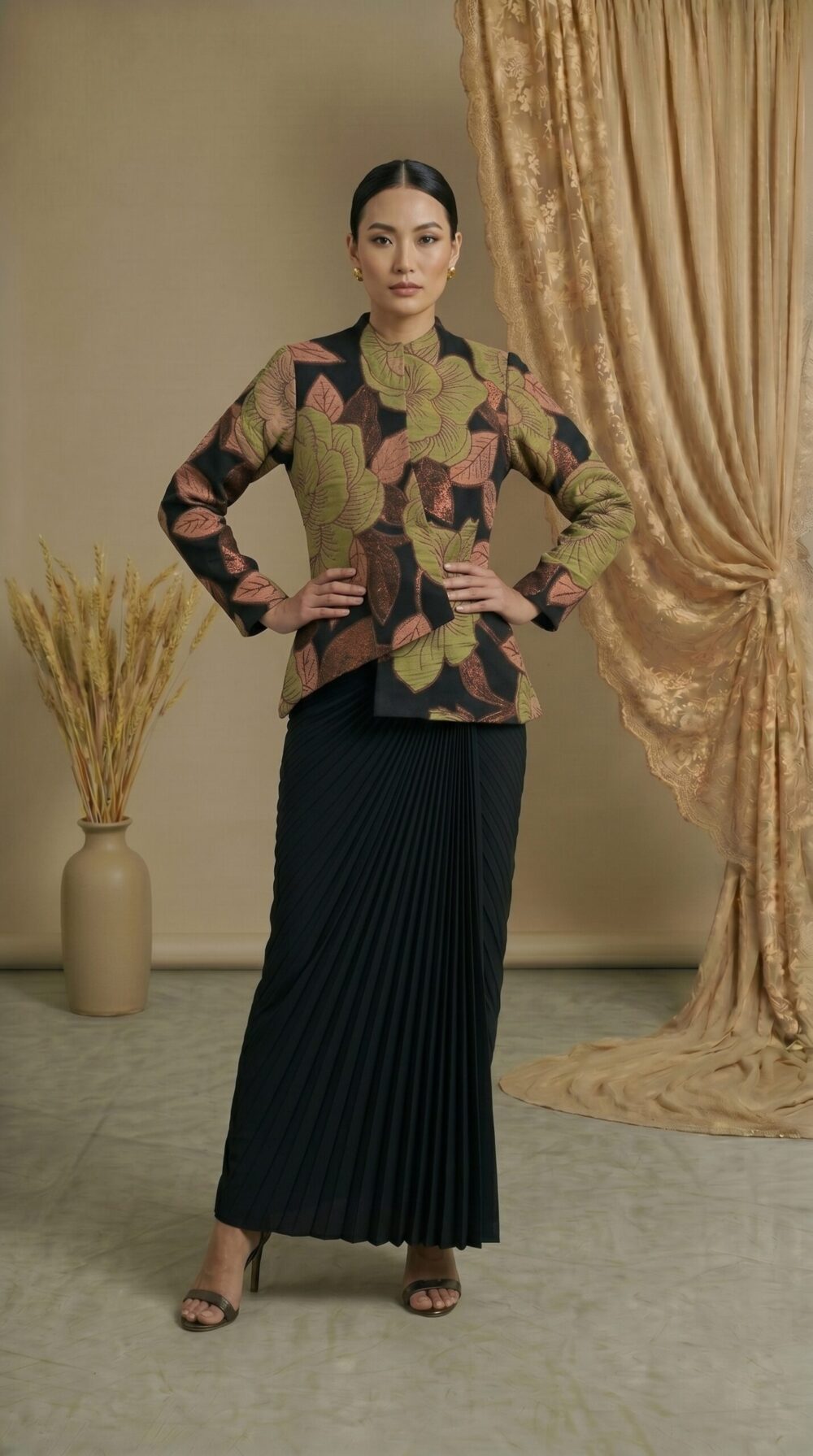 Olive Bloom Asymmetrical Jacket Skirt Ensemble