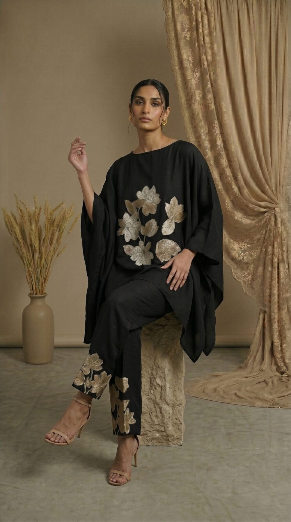 Black Lotus Embroidered Two-Piece Set