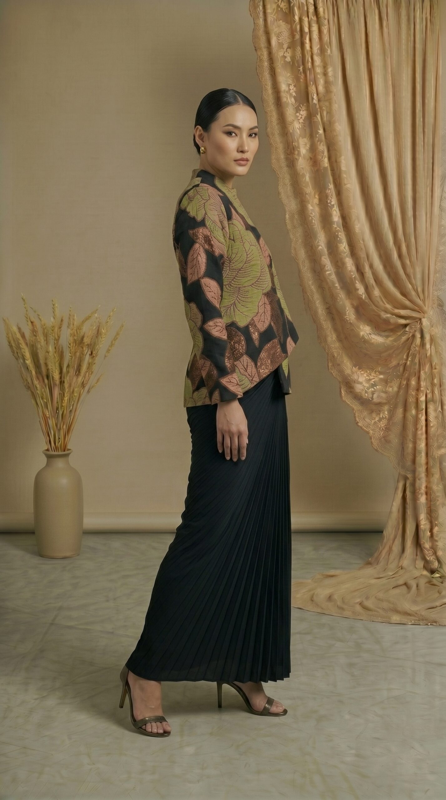 Olive Bloom Asymmetrical Jacket Skirt Ensemble - Image 2