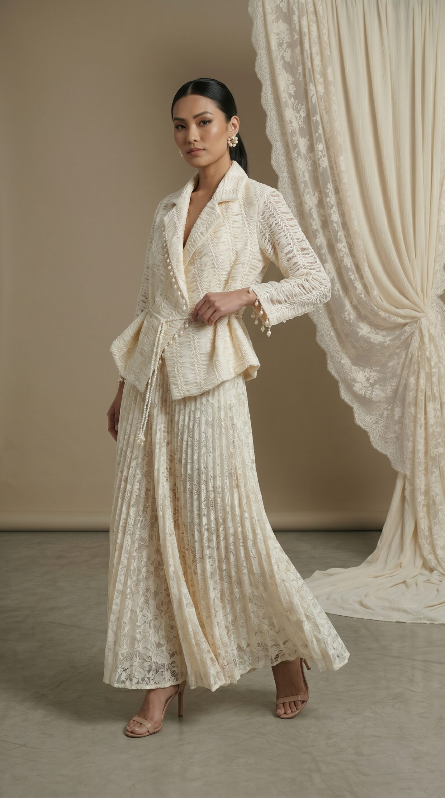 Pearl Elegance Pleated Lace Ensemble