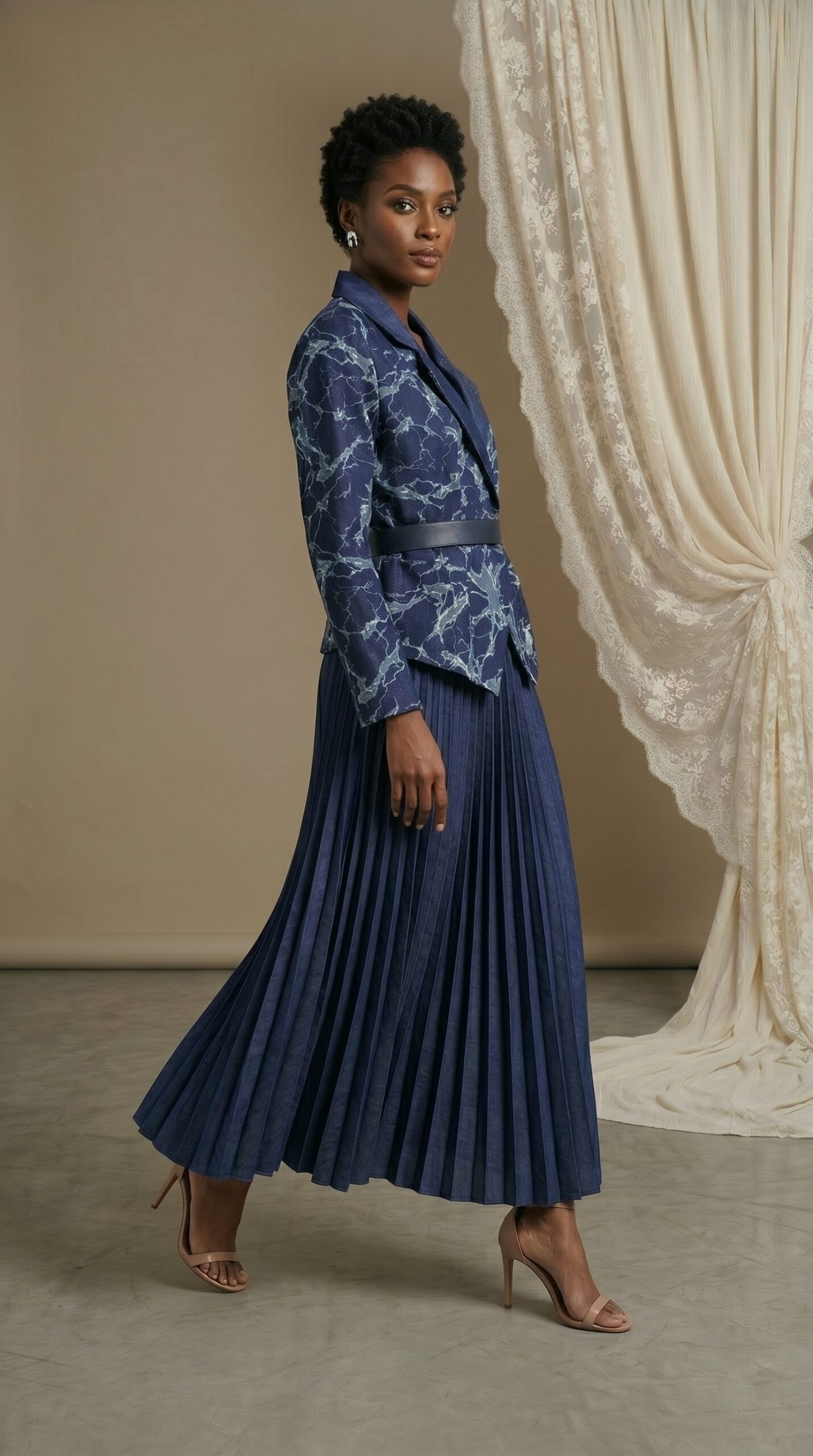 Abstract Vein Print Tailored Jacket & Pleated Skirt Ensemble