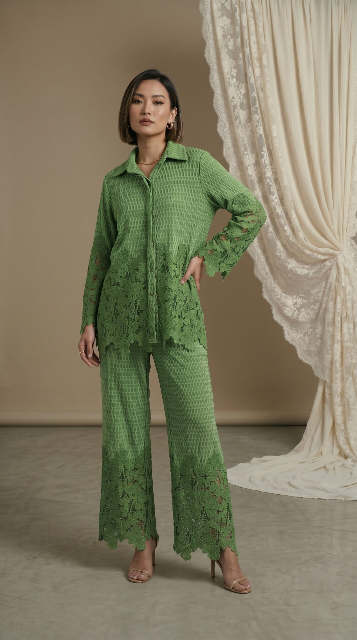 Verdant Elegance Lace Detail Pant Set