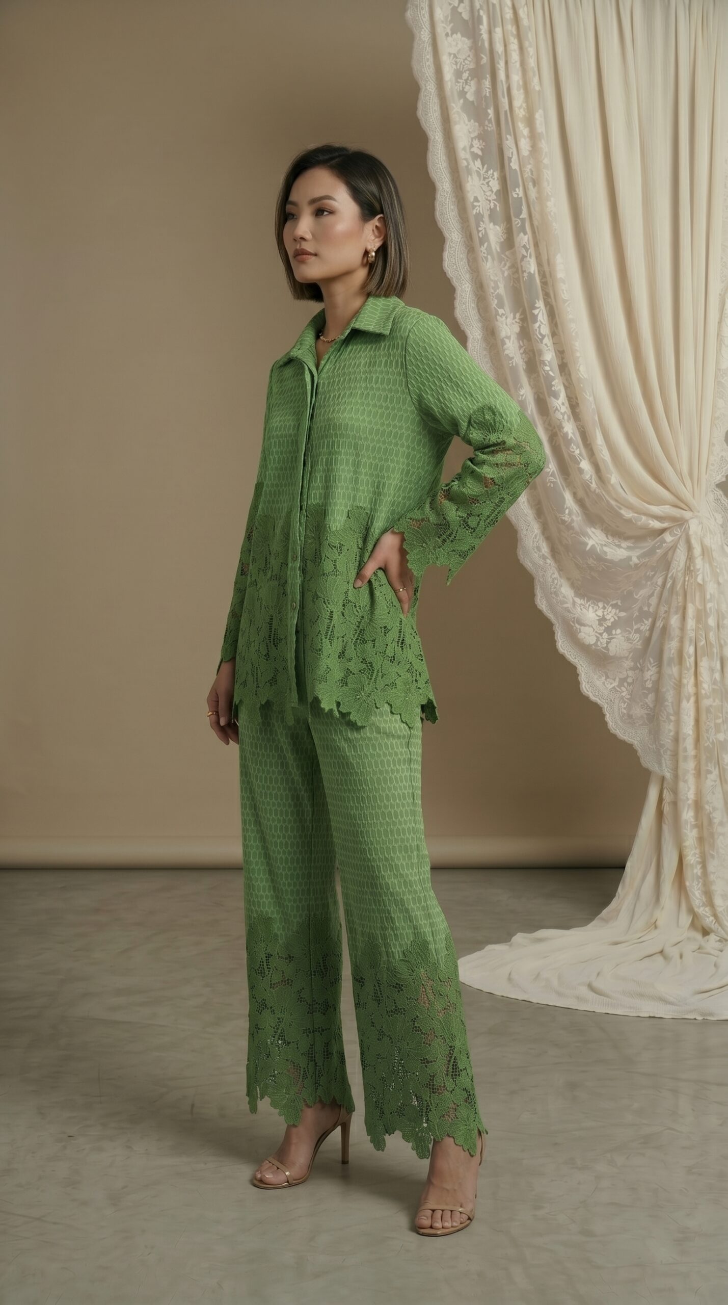 Verdant Elegance Lace Detail Pant Set - Image 2