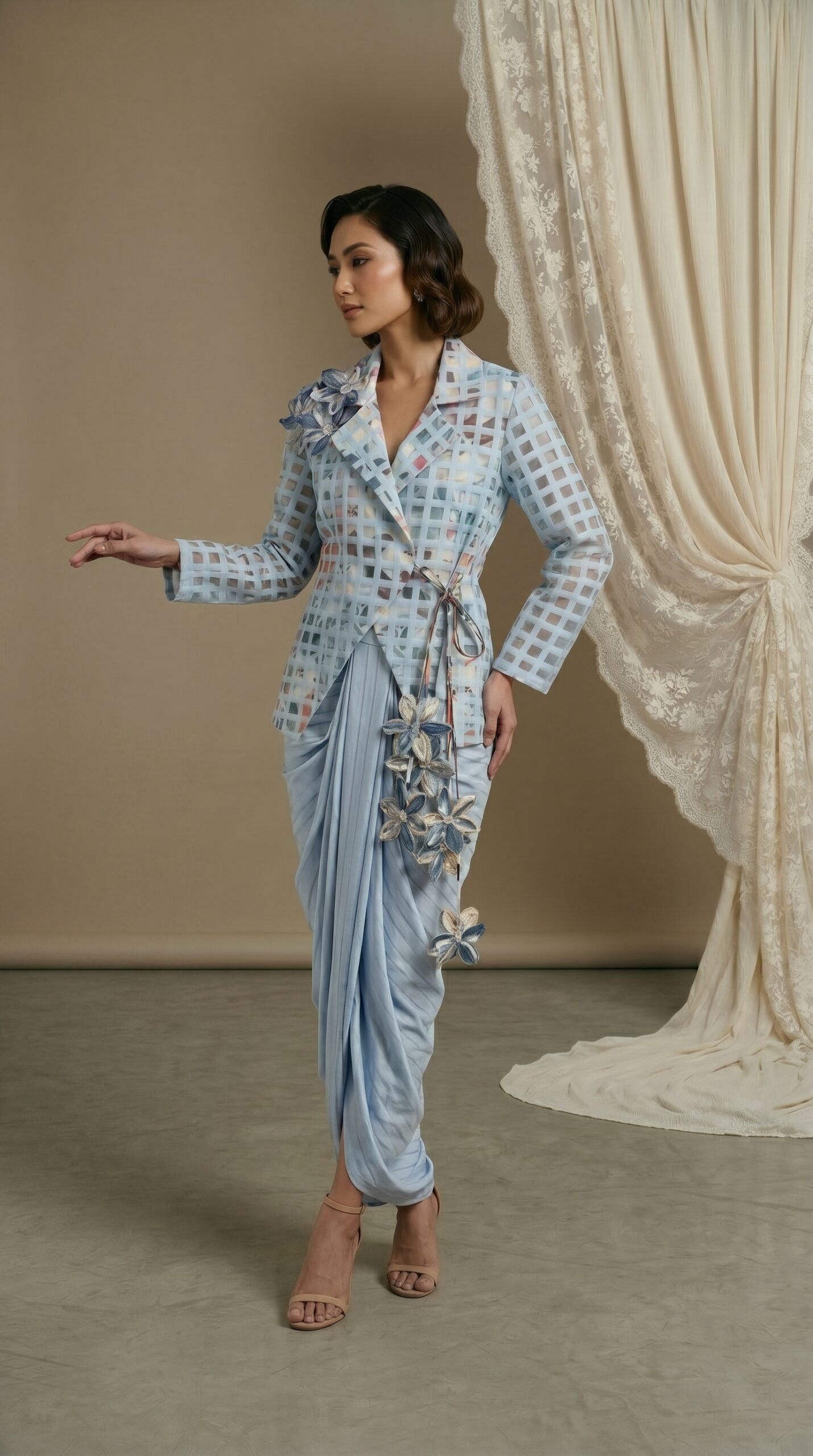 Azure Grid Jacket & Drape Pant Set