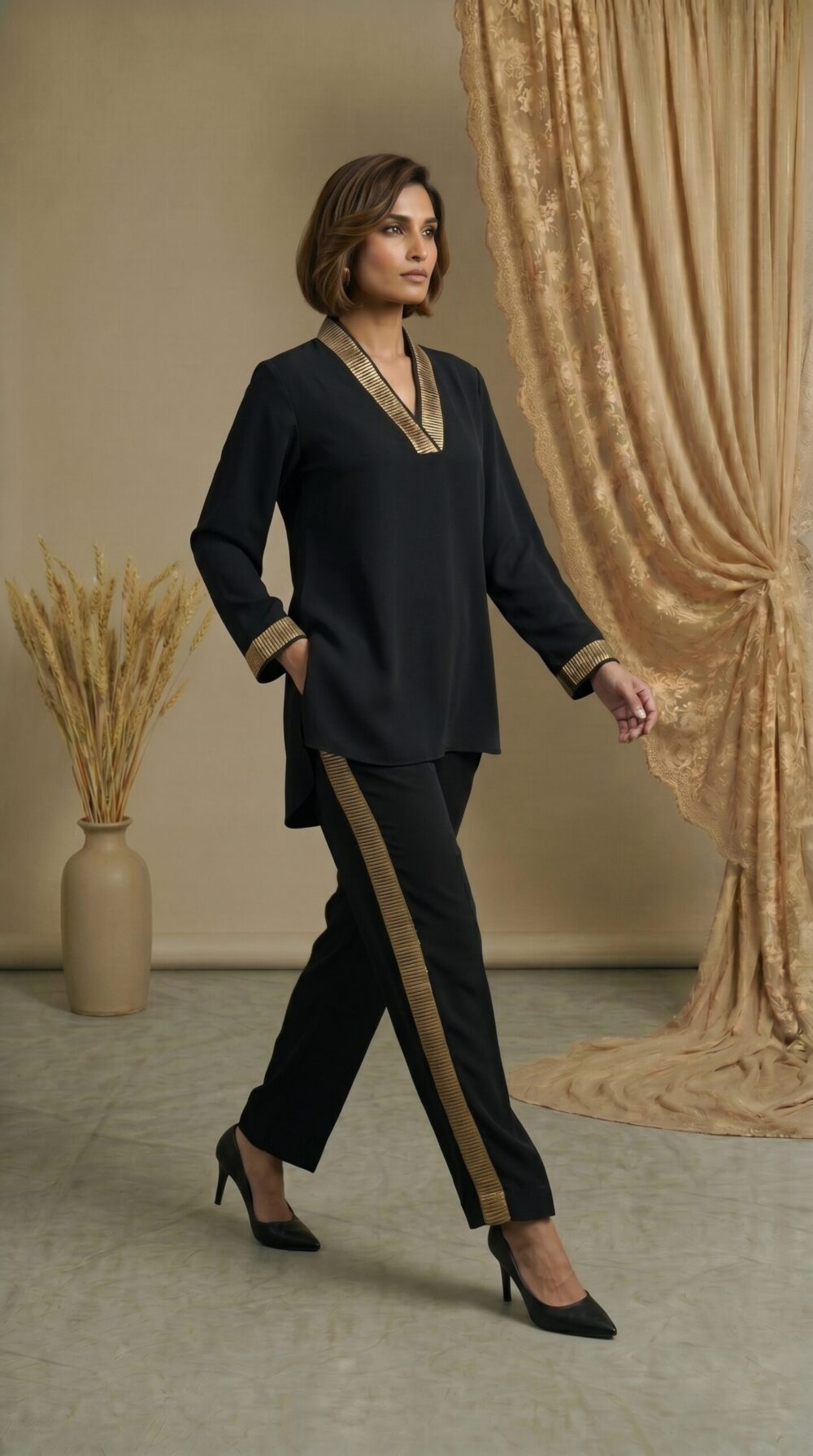 Midnight Elegance Contrast Trim Ensemble