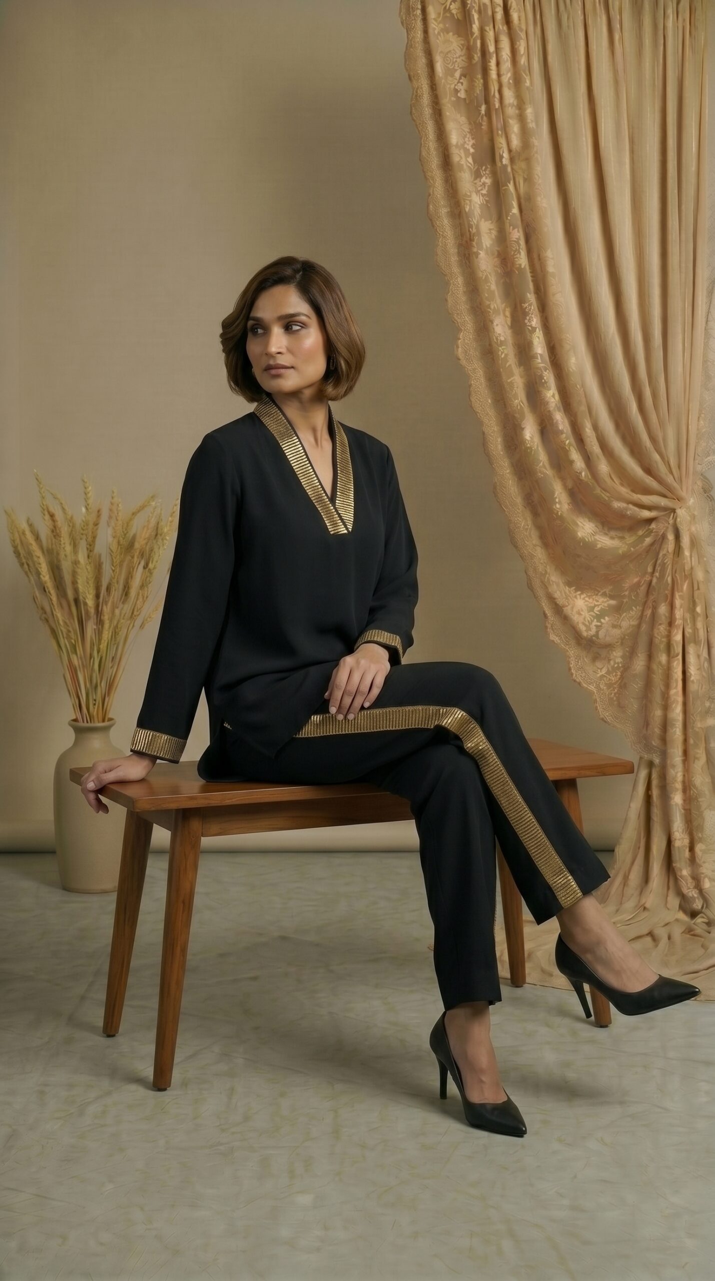 Midnight Elegance Contrast Trim Ensemble - Image 2