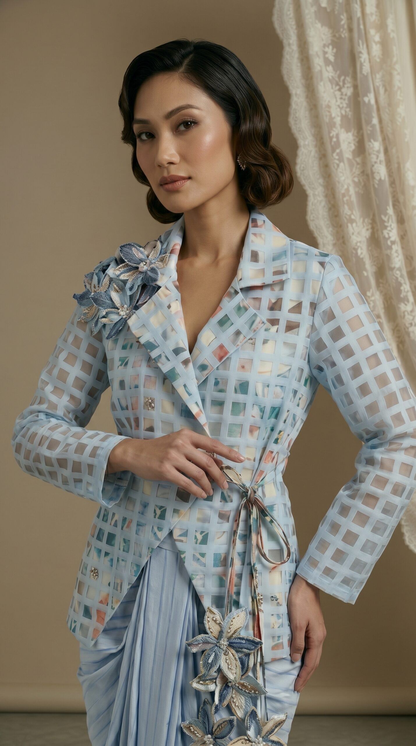 Azure Grid Jacket & Drape Pant Set - Image 3