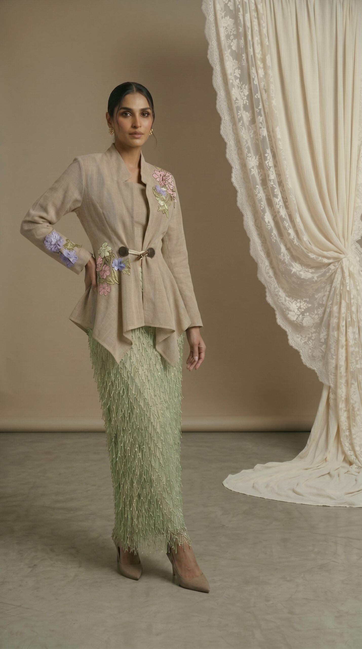 Sage Elegance Embroidered Skirt Set