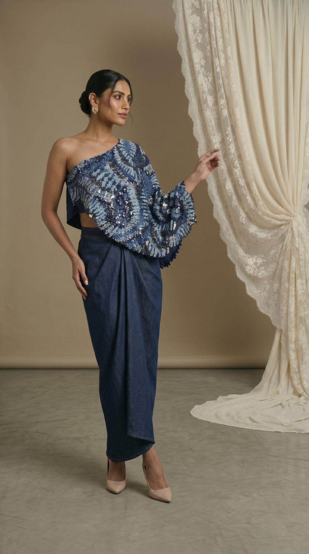 Sapphire Drape One-Shoulder Ensemble