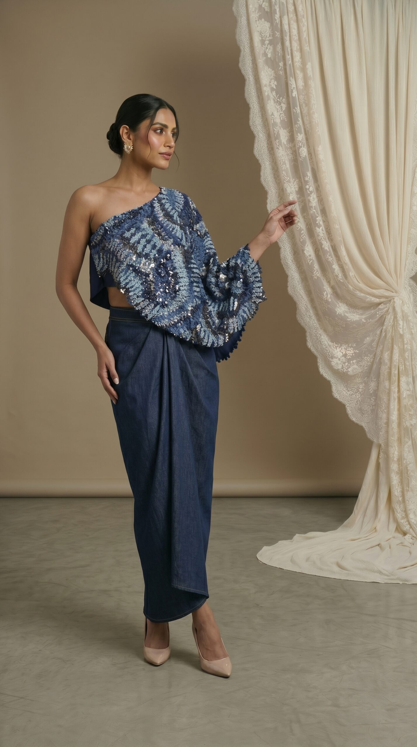 Sapphire Drape One-Shoulder Ensemble