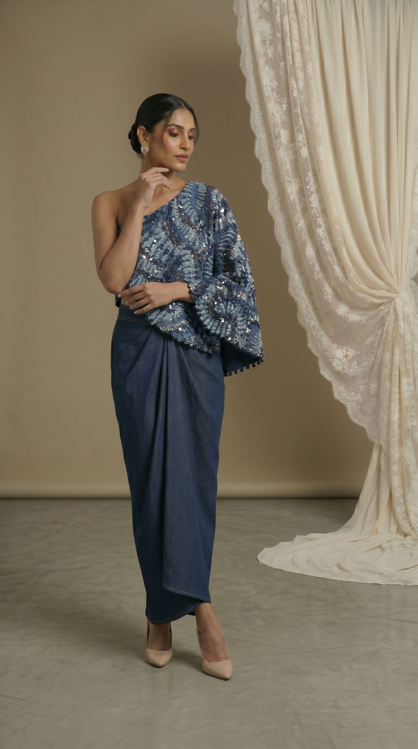 Sapphire Drape One-Shoulder Ensemble - Image 2