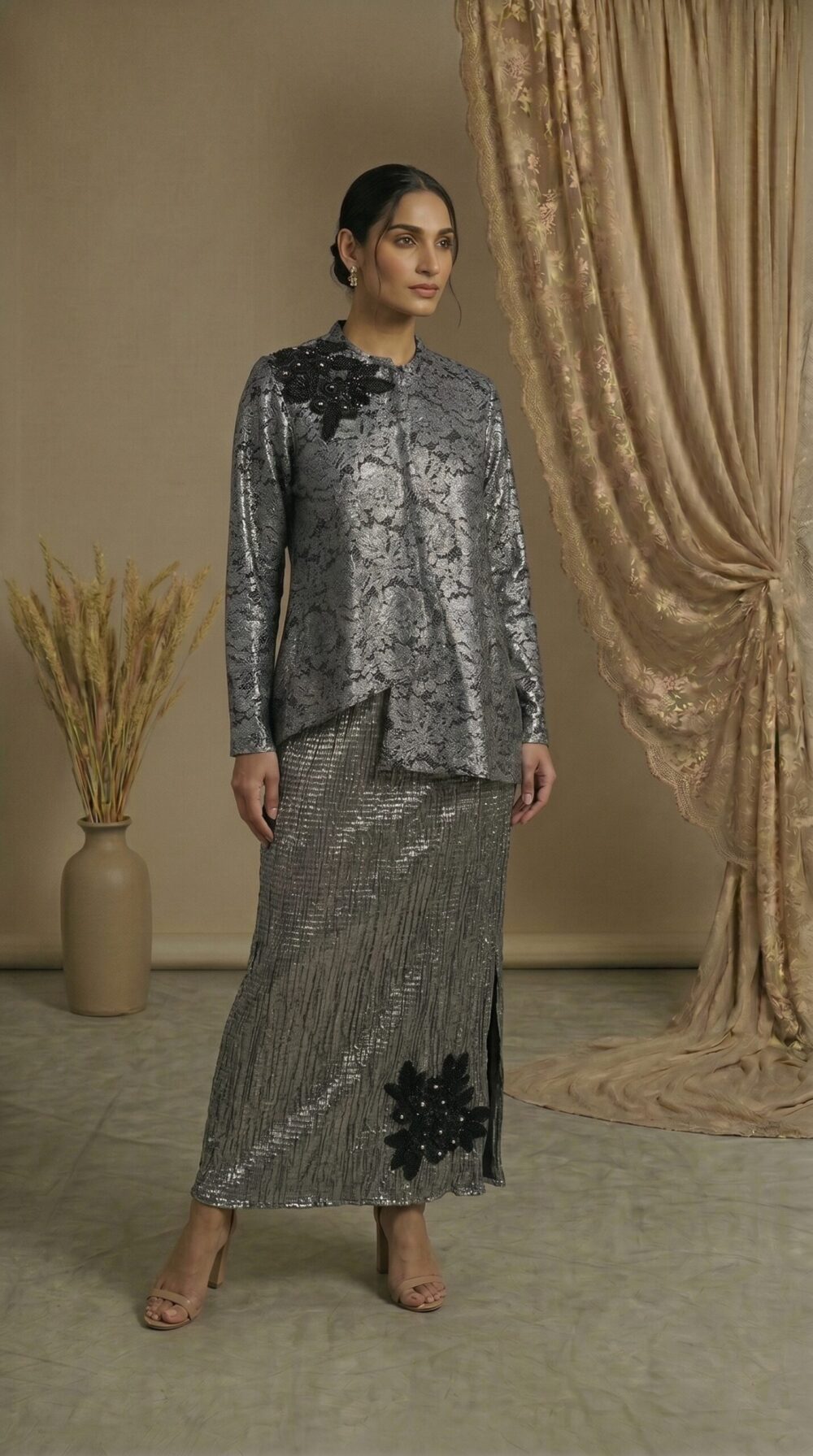 Silver Noir Embellished Draped Set