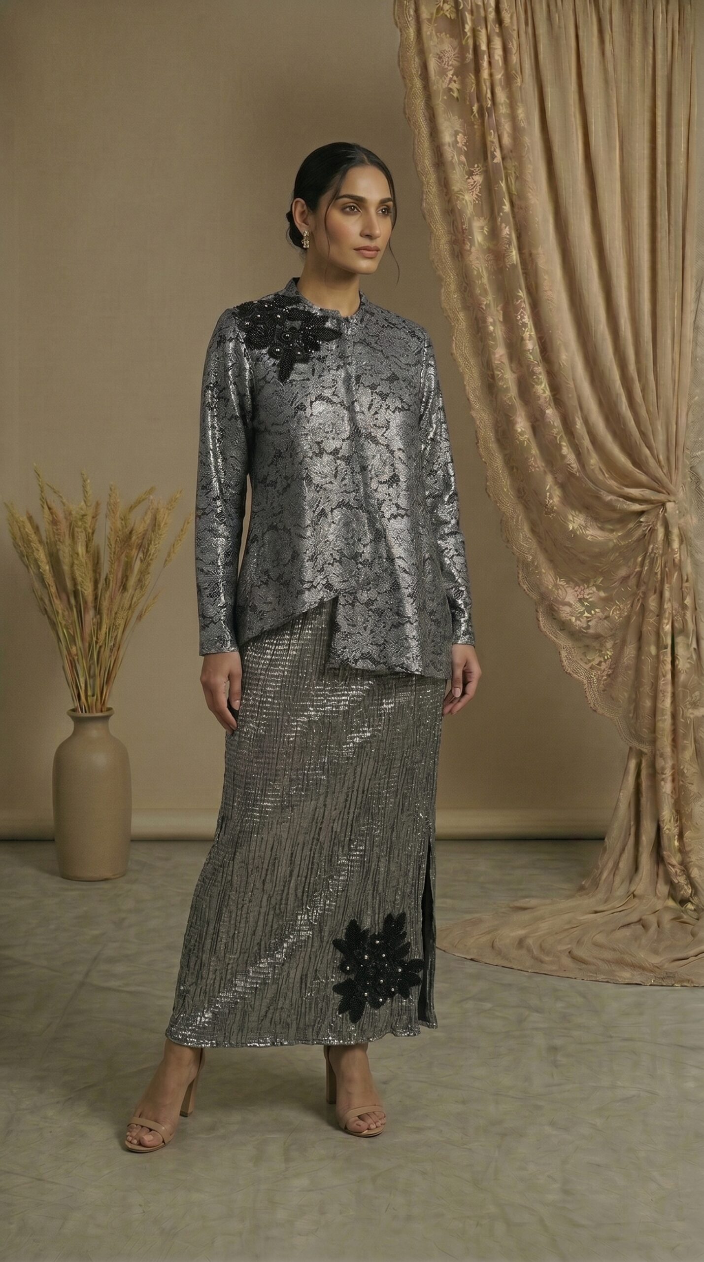 Silver Noir Embellished Draped Set