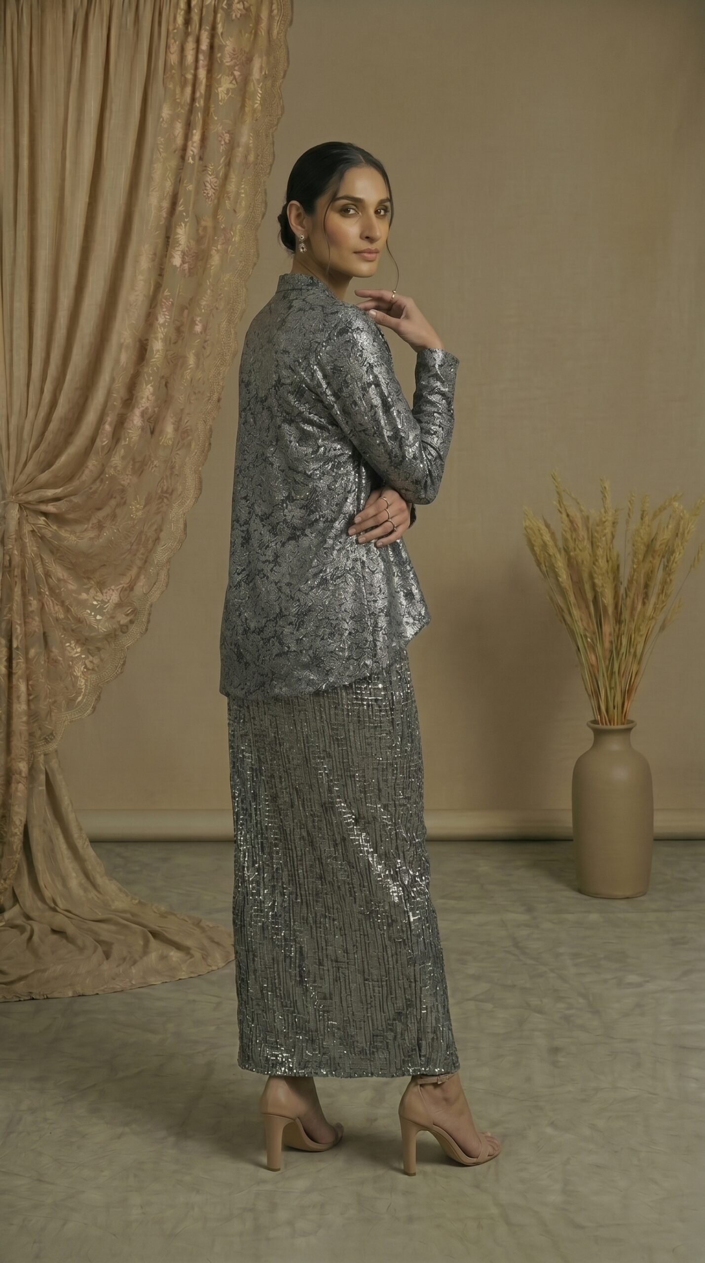 Silver Noir Embellished Draped Set - Image 2