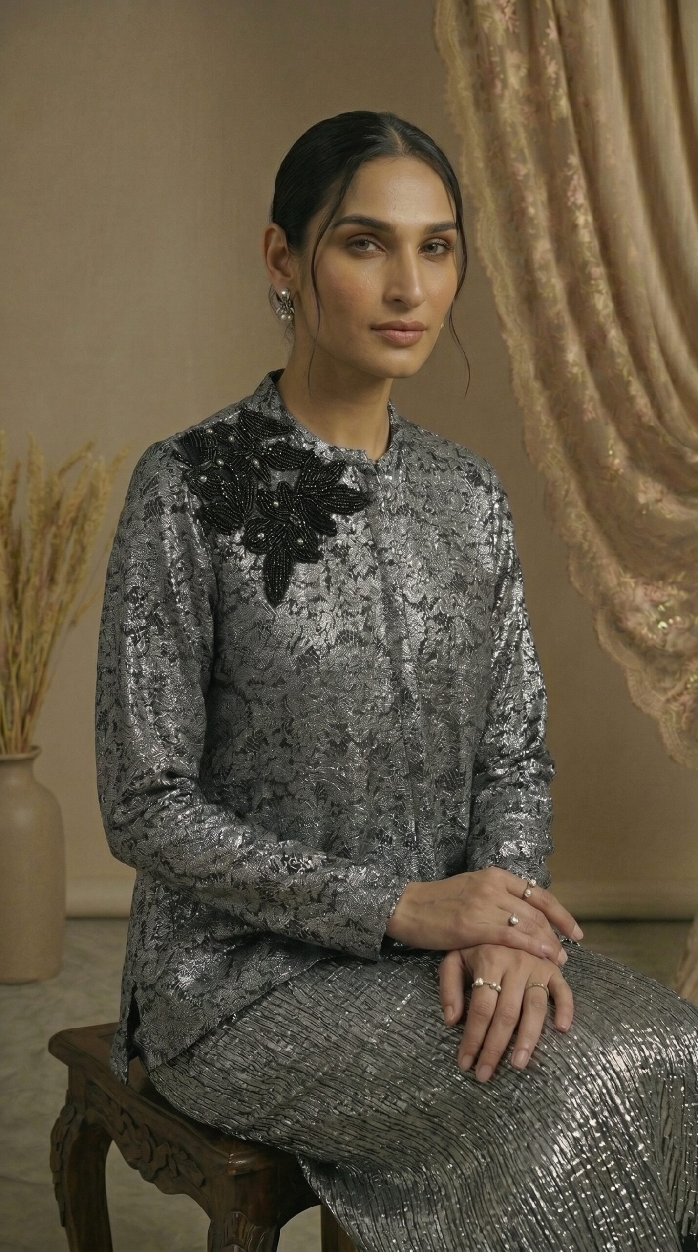 Silver Noir Embellished Draped Set - Image 3