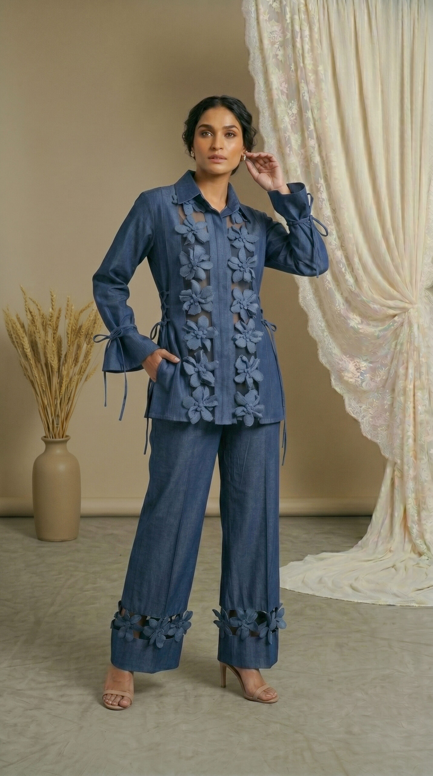 Handcrafted Floral Appliqué Shirt & Palazzo Co-Ord Set