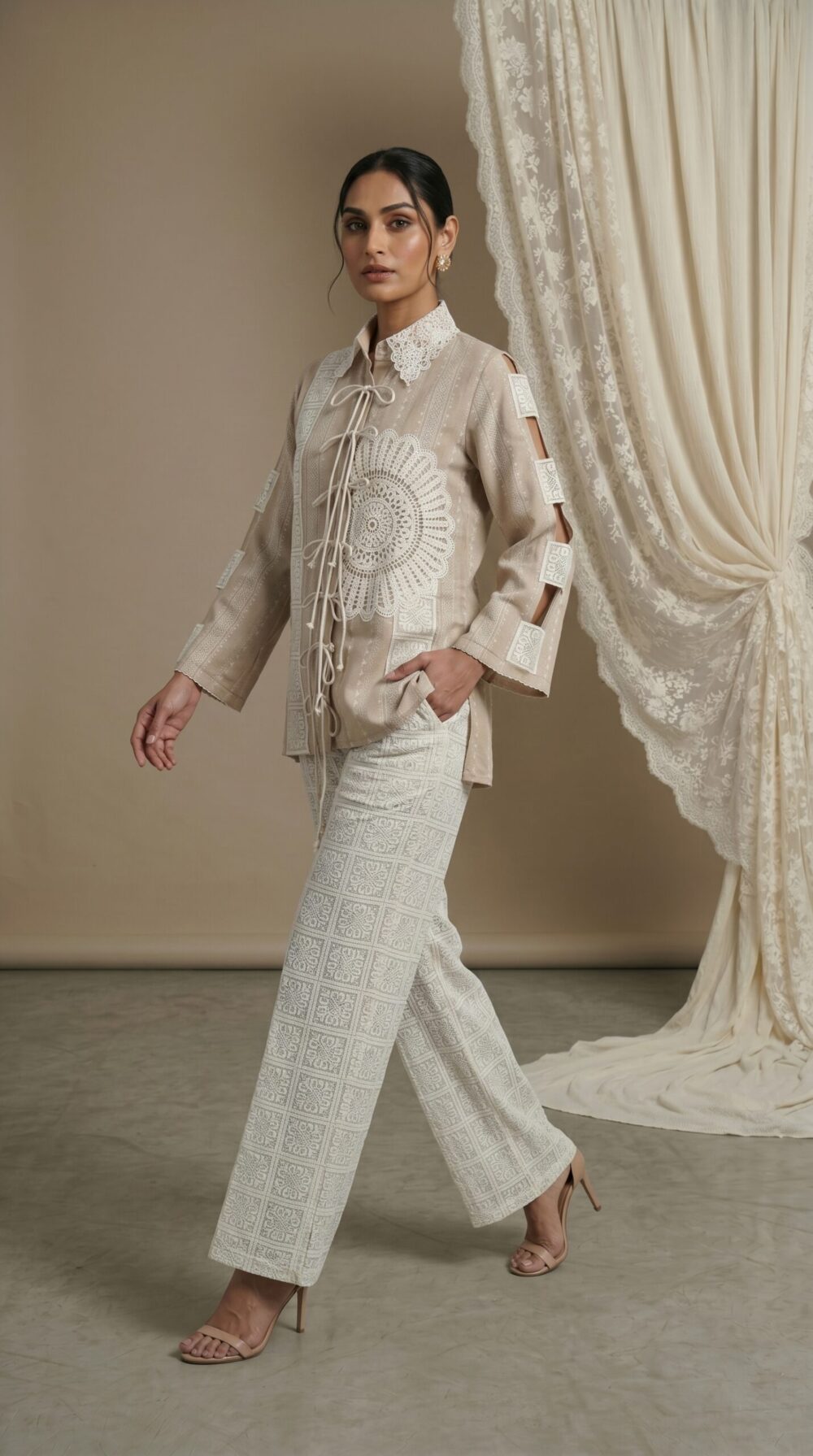 Pearl Ivory Artisan Lace Shirt & Palazzo Set
