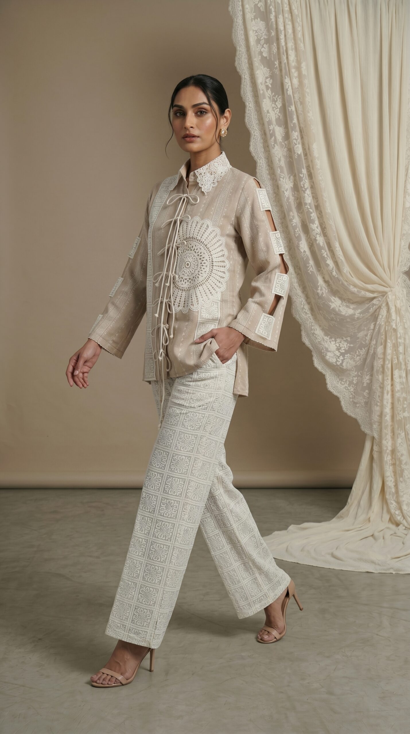 Pearl Ivory Artisan Lace Shirt & Palazzo Set
