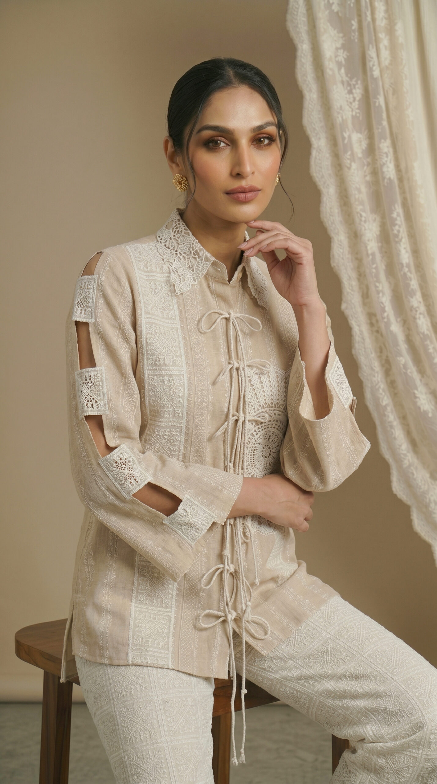 Pearl Ivory Artisan Lace Shirt & Palazzo Set - Image 2